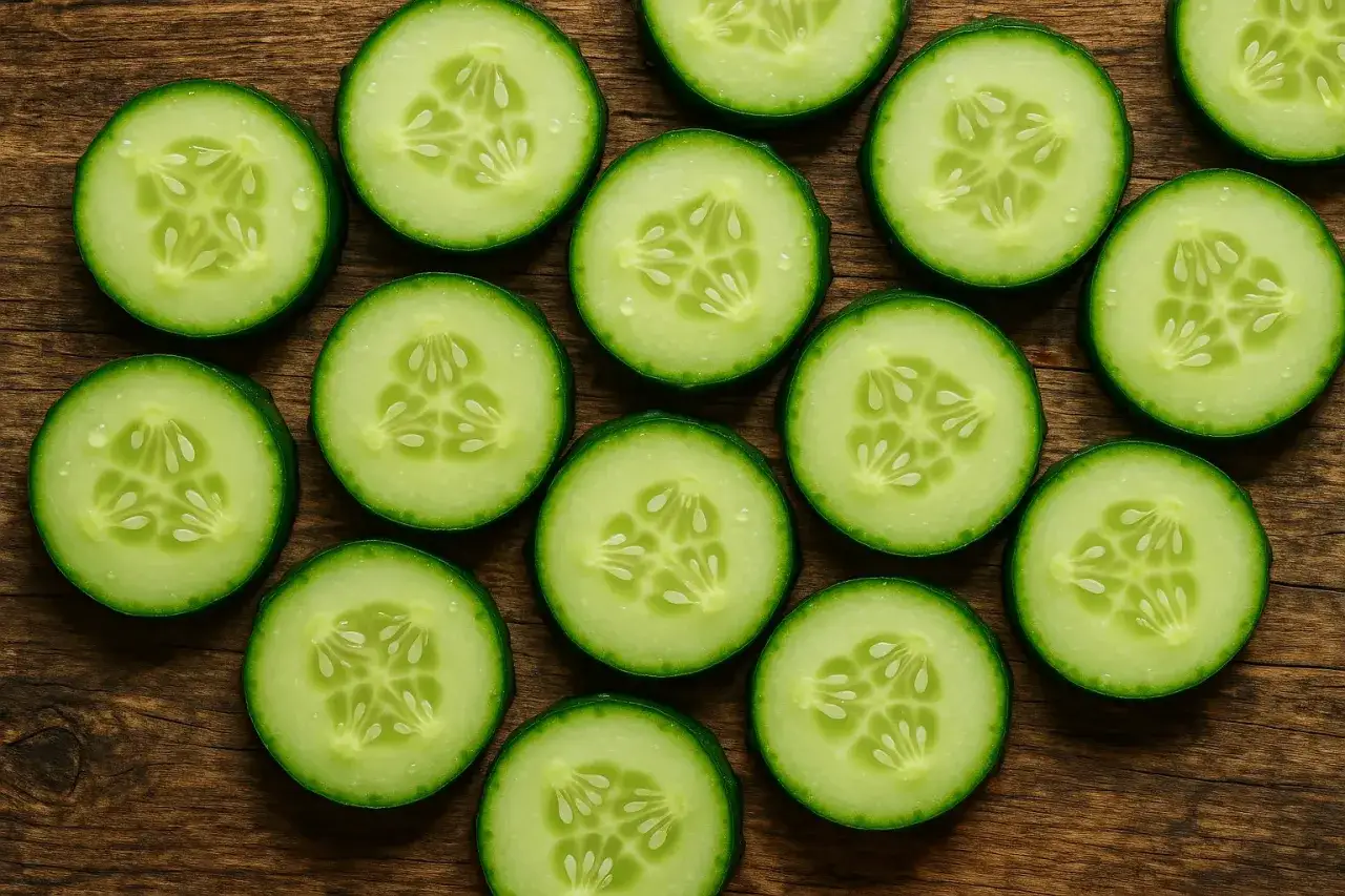 Rodajas de pepino fresco sobre madera. Descubre los beneficios del pepino para tu salud y bienestar.