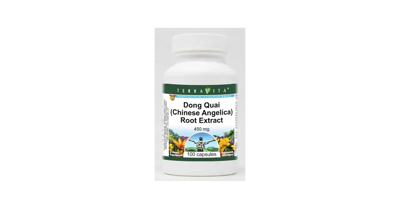 Frasco de suplemento de extracto de ra&iacute;z de Dong Quai (Ang&eacute;lica China) de 450 mg, 100 c&aacute;psulas.
