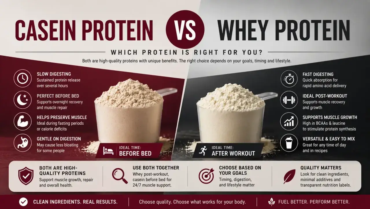 Prote&iacute;na case&iacute;na: digesti&oacute;n lenta, ideal antes de dormir para recuperaci&oacute;n muscular. Whey: r&aacute;pida, post-entreno. Ambas son de alta calidad.