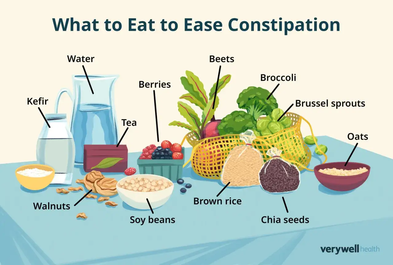 Una mesa con alimentos laxantes: agua, kefir, té, bayas, remolachas, brócoli, coles de Bruselas, nueces, soja, arroz integral, semillas de chía y avena.