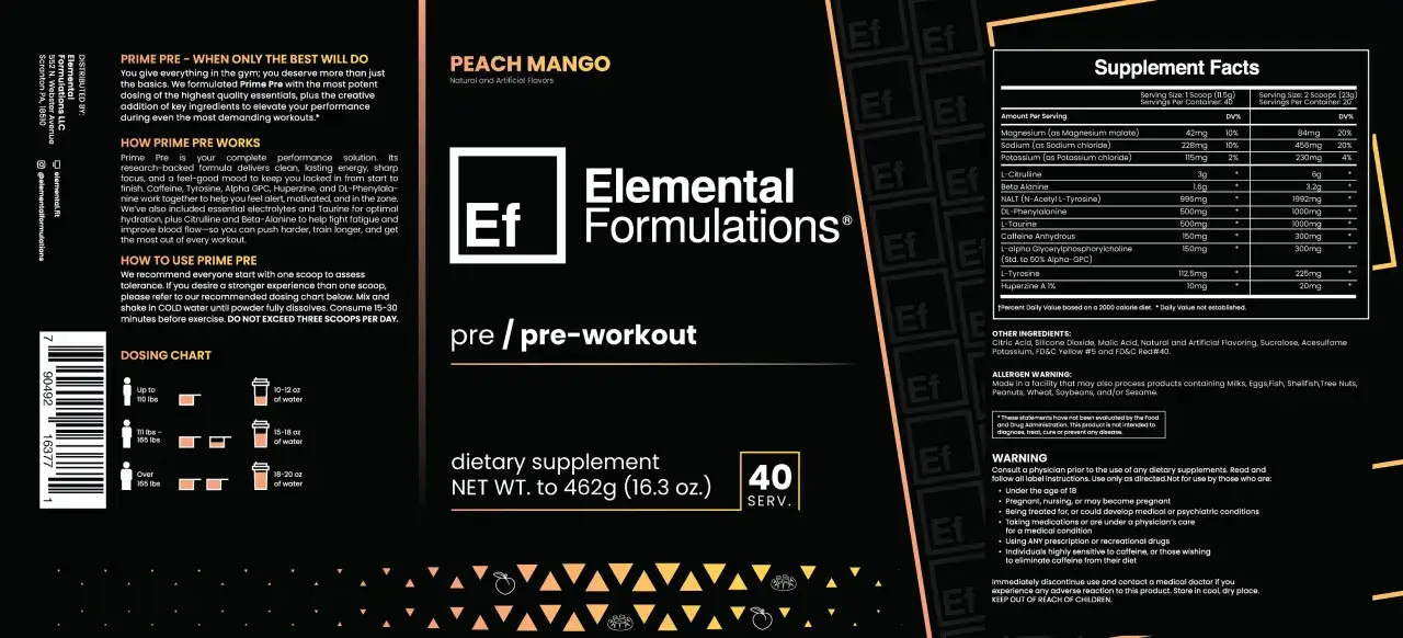 Pre entreno fuerte: polvo Peach Mango de Elemental Formulations para energ&iacute;a y enfoque.