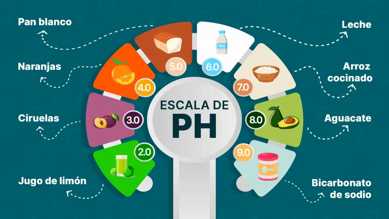 Escala de pH mostrando alimentos. El jugo de limón (2.0) y las ciruelas (3.0) son alimentos que dan acidez.