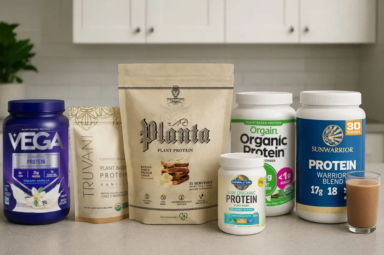 Variedad de suplementos veganos de prote&iacute;na en polvo: Vega, Truvani, Planta, Orgain y Sunwarrior.