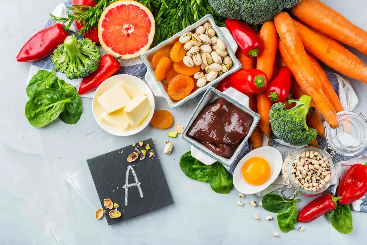 Variedad de alimentos ricos en vitamina A: zanahorias, espinacas, h&iacute;gado, huevos, albaricoques secos, pistachos y pimientos rojos.