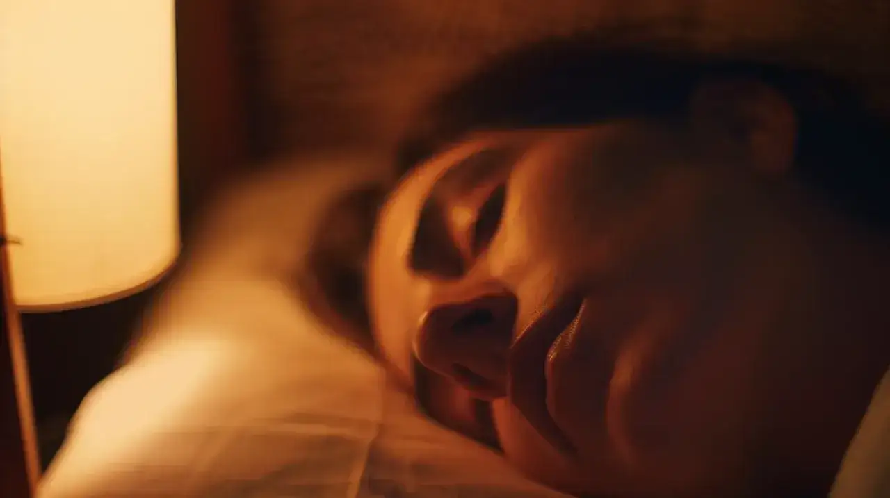 Persona durmiendo pl&aacute;cidamente, con una l&aacute;mpara de noche iluminando suavemente. Se pregunta cu&aacute;nto tarda en hacer efecto la melatonina para conciliar el sue&ntilde;o.