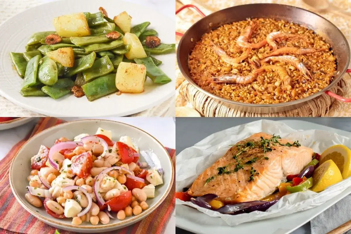 Cuatro opciones de cenas saludables: judías verdes con patatas, paella de marisco, ensalada de legumbres y salmón al horno con verduras.
