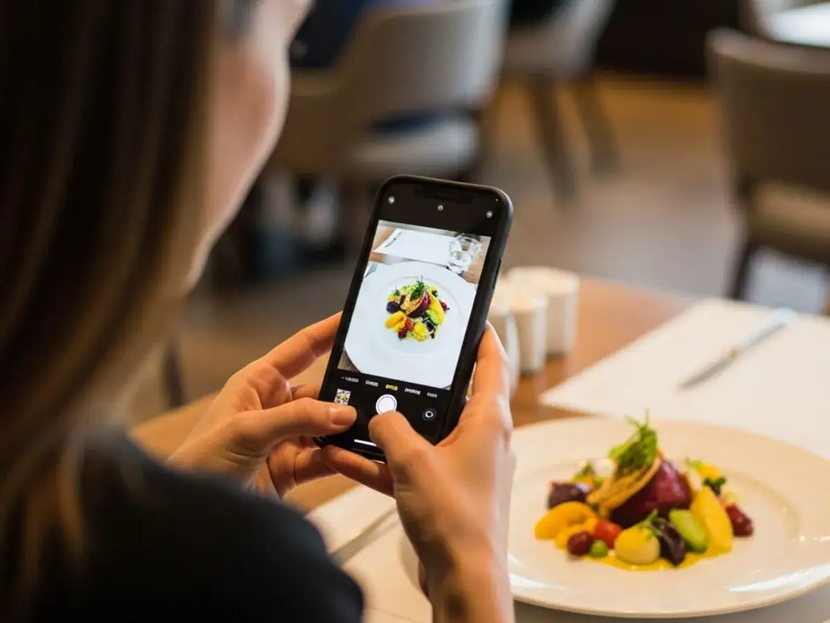 Persona toma foto a plato de comida en restaurante. Quizás busca cómo calcular las calorías que consume.