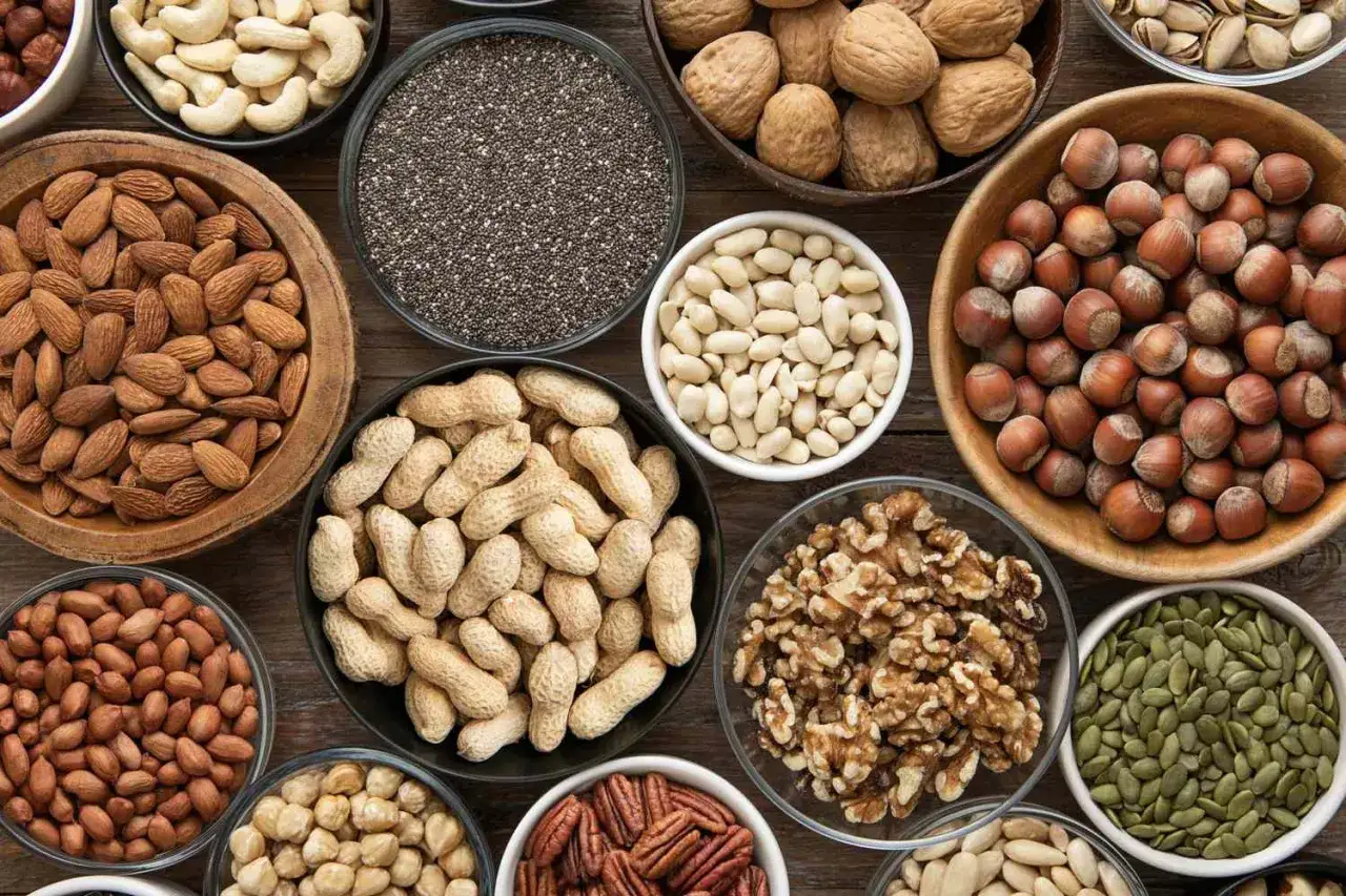 Variedad de alimentos con magnesio: almendras, cacahuates, nueces, semillas de ch&iacute;a, avellanas, pepitas y m&aacute;s, presentados en cuencos.
