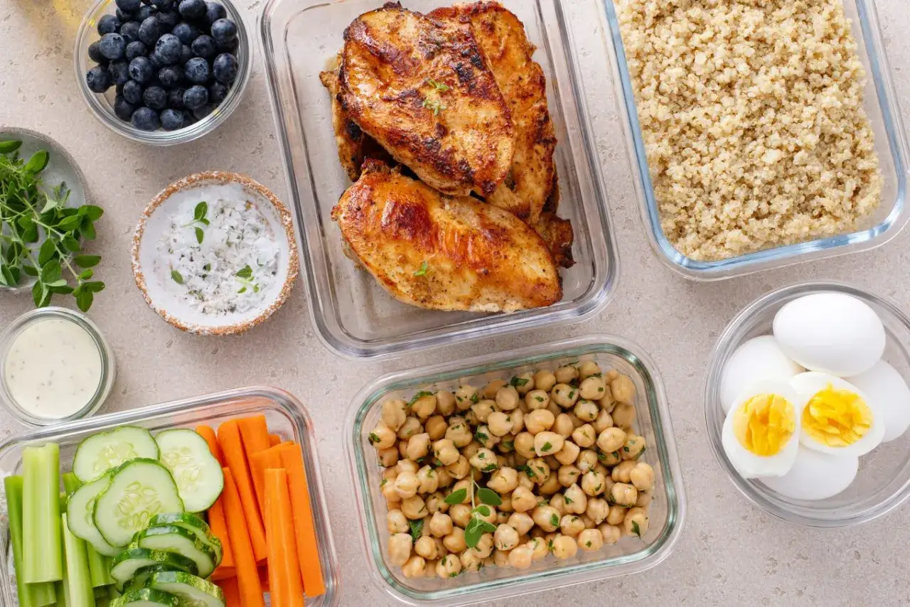 Comida para ganar masa muscular: pechuga de pollo, quinoa, garbanzos, huevos duros, arándanos y verduras.