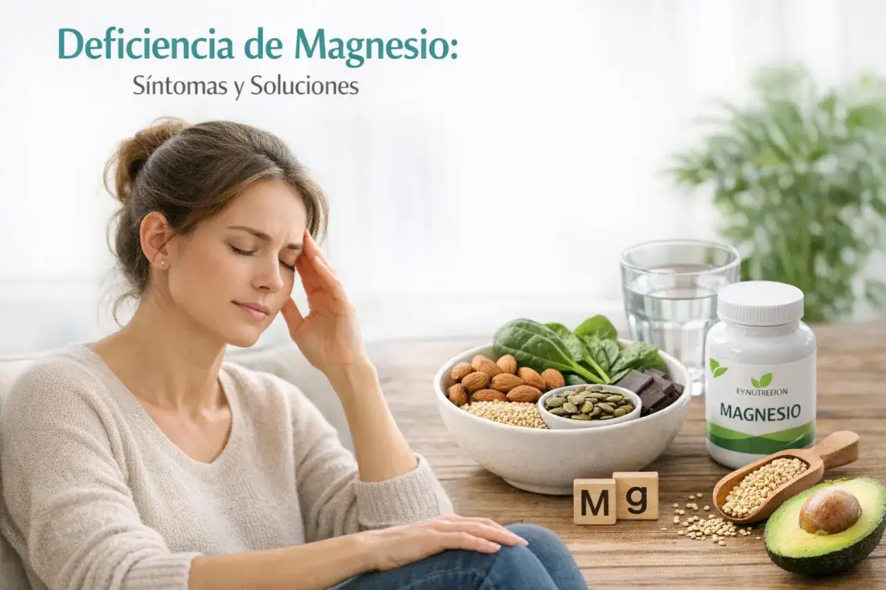 Mujer con dolor de cabeza, posible s&iacute;ntoma de falta de magnesio. Alimentos ricos en magnesio y suplemento.