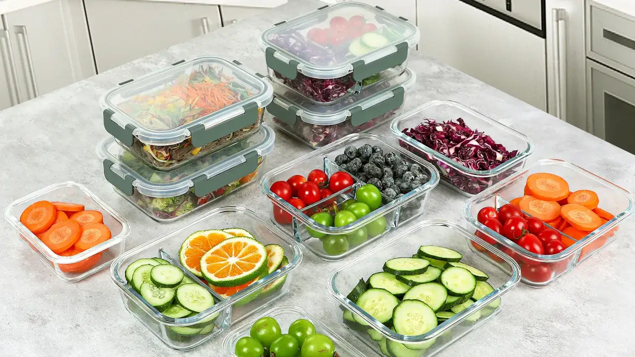 Preparación de comidas para la semana: recipientes de vidrio con ensaladas, frutas y verduras listas para el batch cooking.
