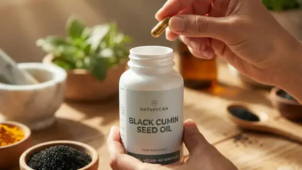 Manos sostienen una cápsula y un frasco de Naturecan Black Cumin Seed Oil, rodeados de ingredientes naturales como semillas de comino negro.