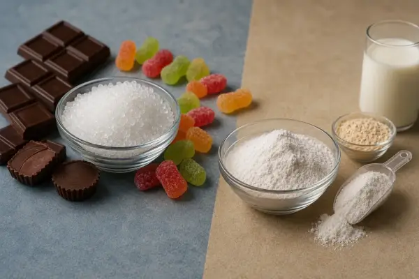 Chocolate, gomitas, azúcar granulada y en polvo, leche y un polvo amarillento. ¿Qué es el maltitol?